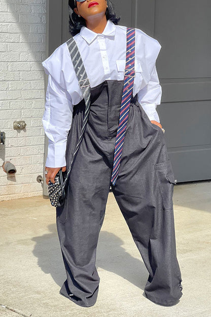 Executive Long Tie Style Denim Jumpsuit & Shirt Set