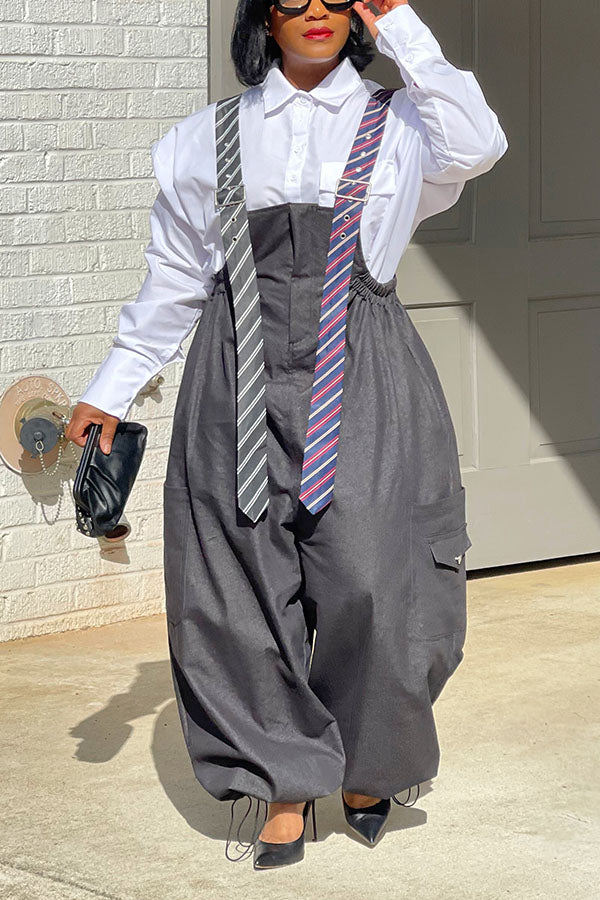 Executive Long Tie Style Denim Jumpsuit & Shirt Set