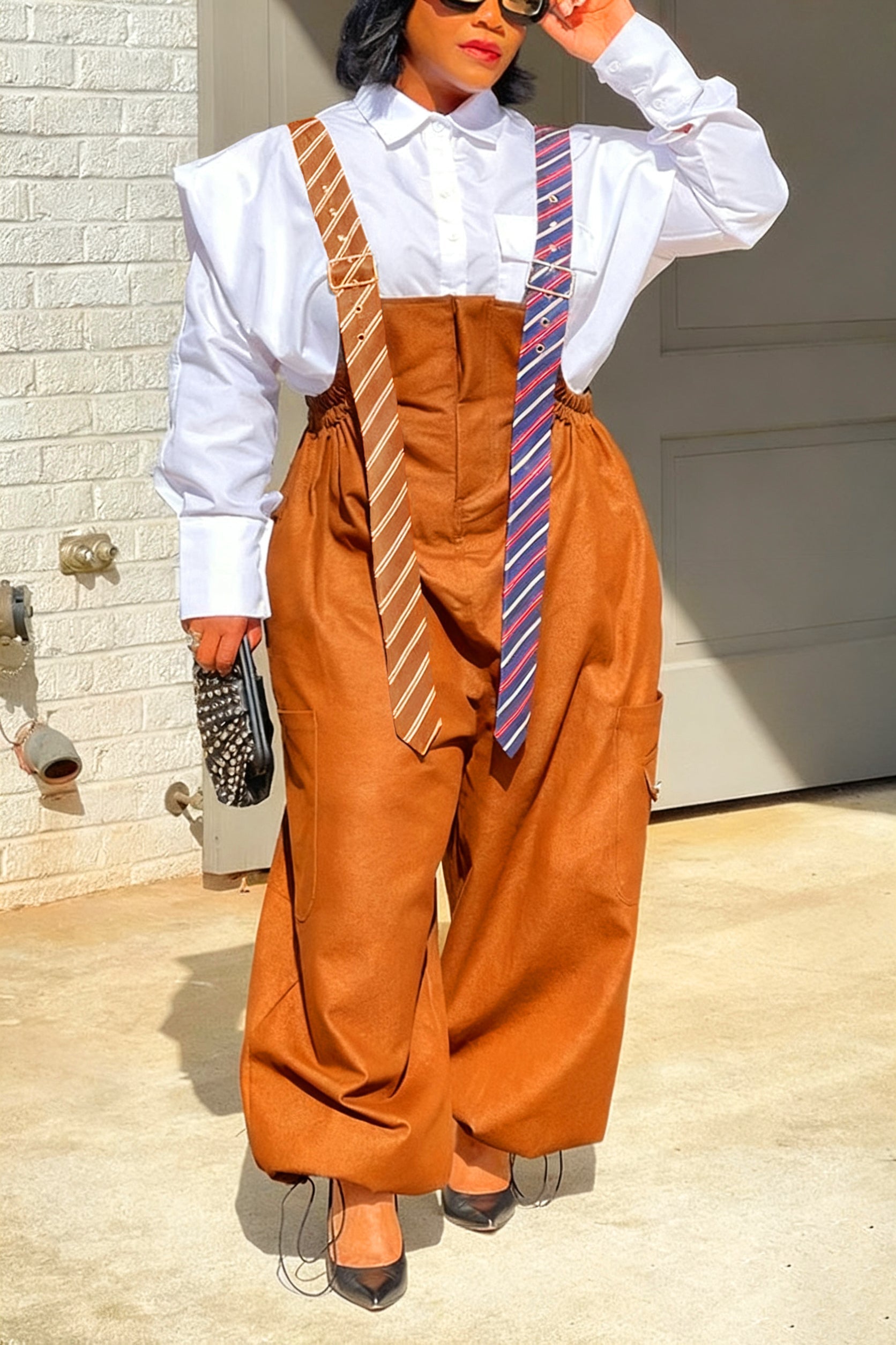 Executive Long Tie Style Denim Jumpsuit & Shirt Set