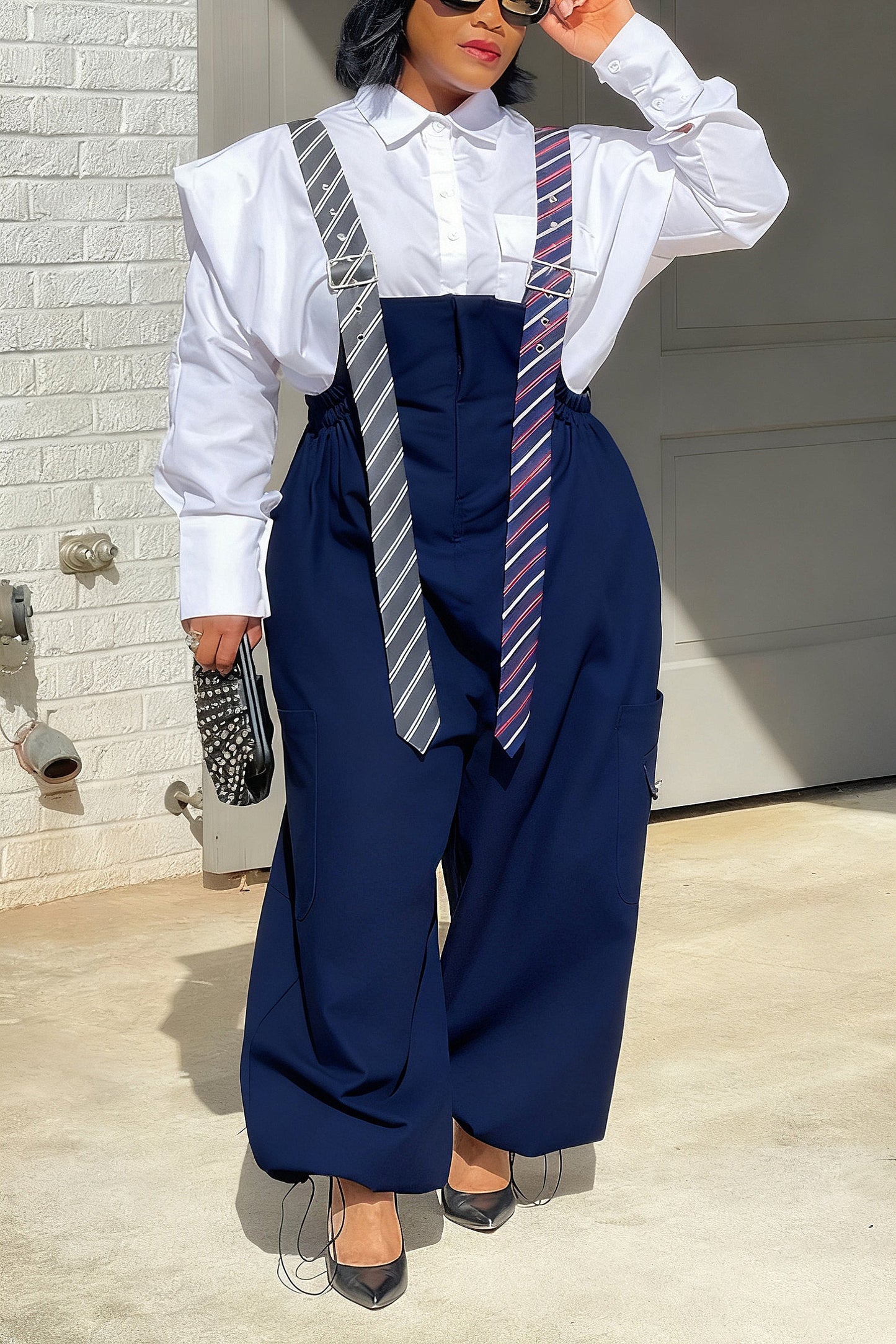 Executive Long Tie Style Denim Jumpsuit & Shirt Set