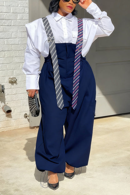 Executive Long Tie Style Denim Jumpsuit & Shirt Set