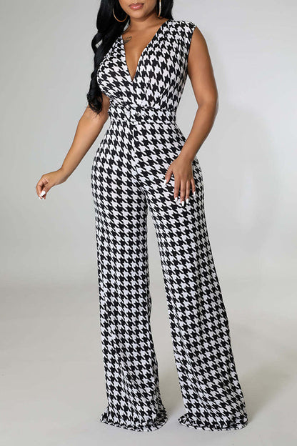 Stylish V-Neck Houndstooth sleeveless Jumpsuit Black