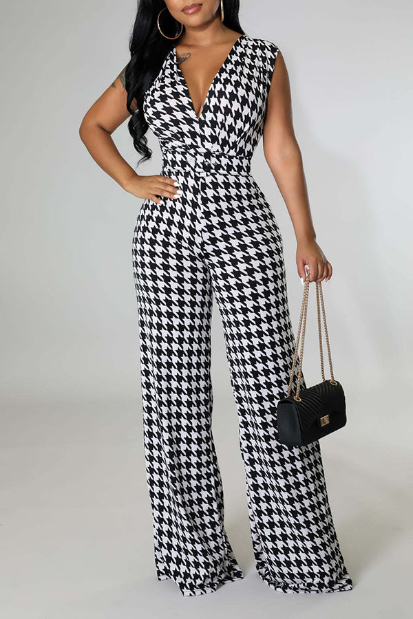 Stylish V-Neck Houndstooth sleeveless Jumpsuit