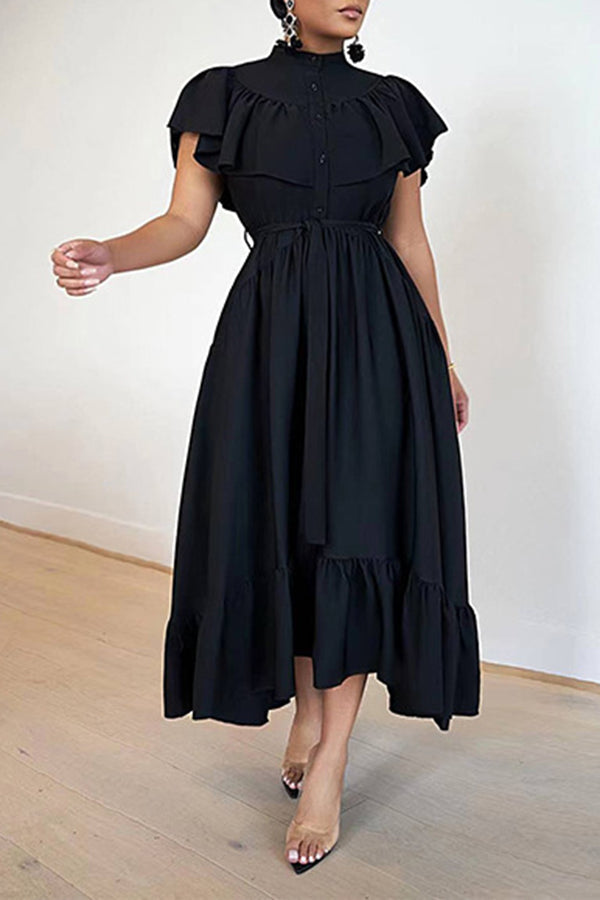 Button Front Ruffle Hem Stylish Dress Black