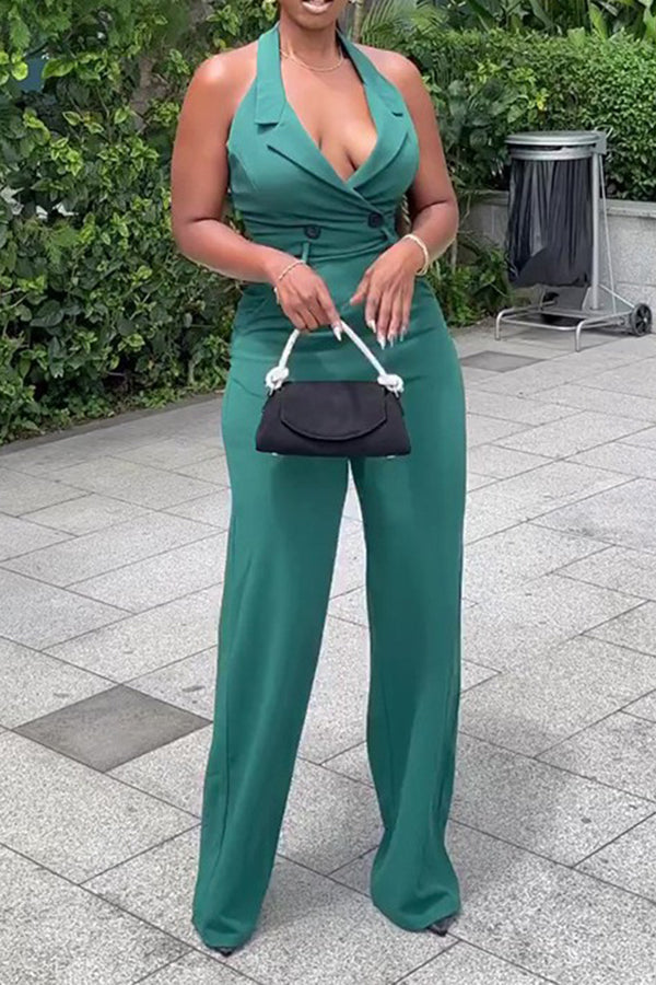 Stylish Lapel Neck Halter Jumpsuit Green