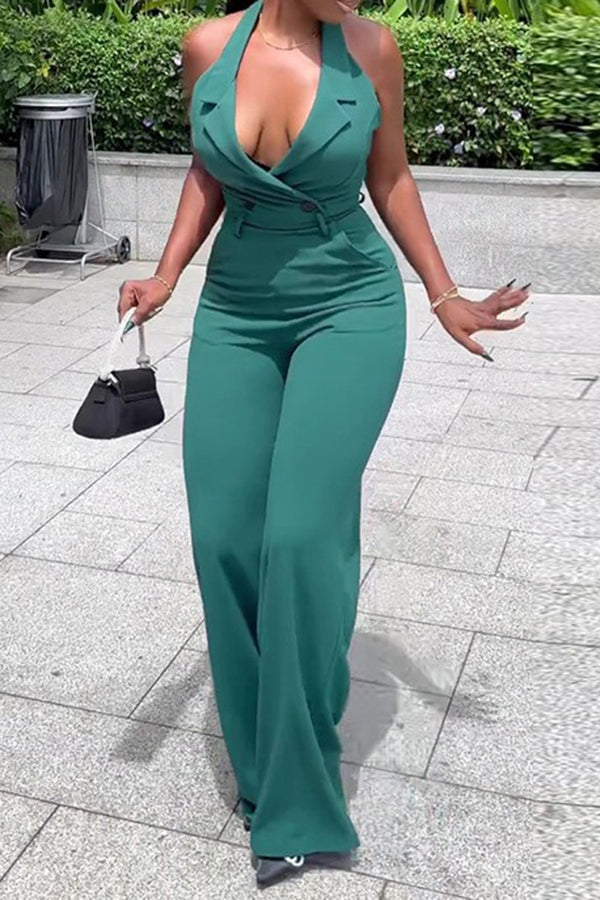 Stylish Lapel Neck Halter Jumpsuit