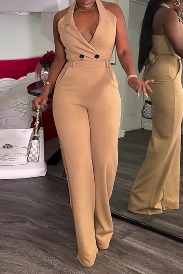 Stylish Lapel Neck Halter Jumpsuit Khaki