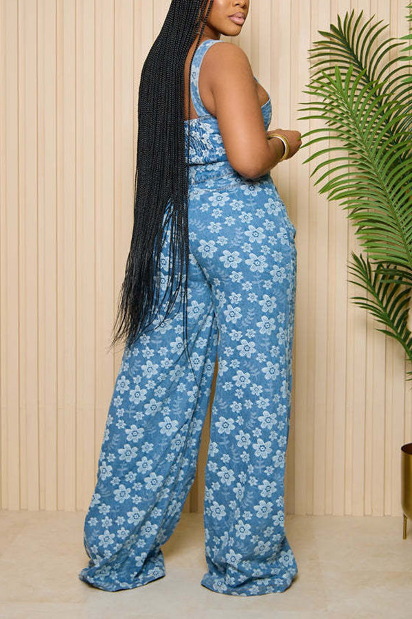 Stylish Floral Print Denim Top & Pants Set