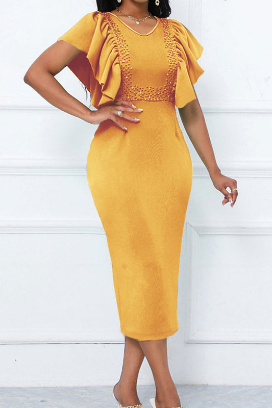 Elegant V-Neck Flutter Sleeve Midi Dress Yellow