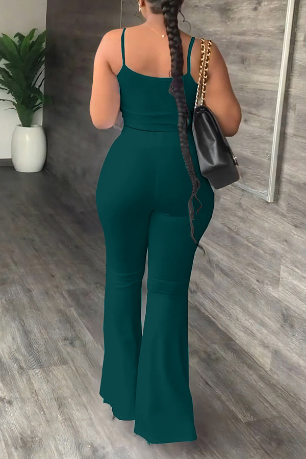 Casual Solid Sling Top & Flare Pants Set