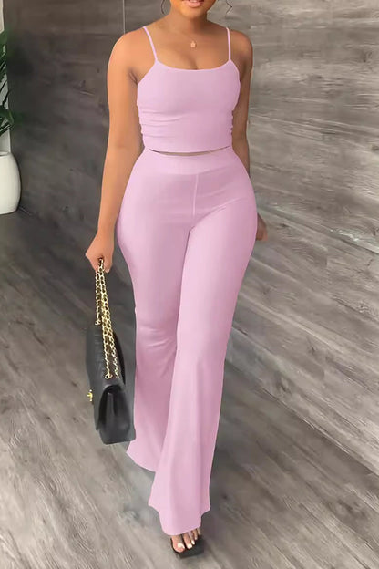 Casual Solid Sling Top & Flare Pants Set