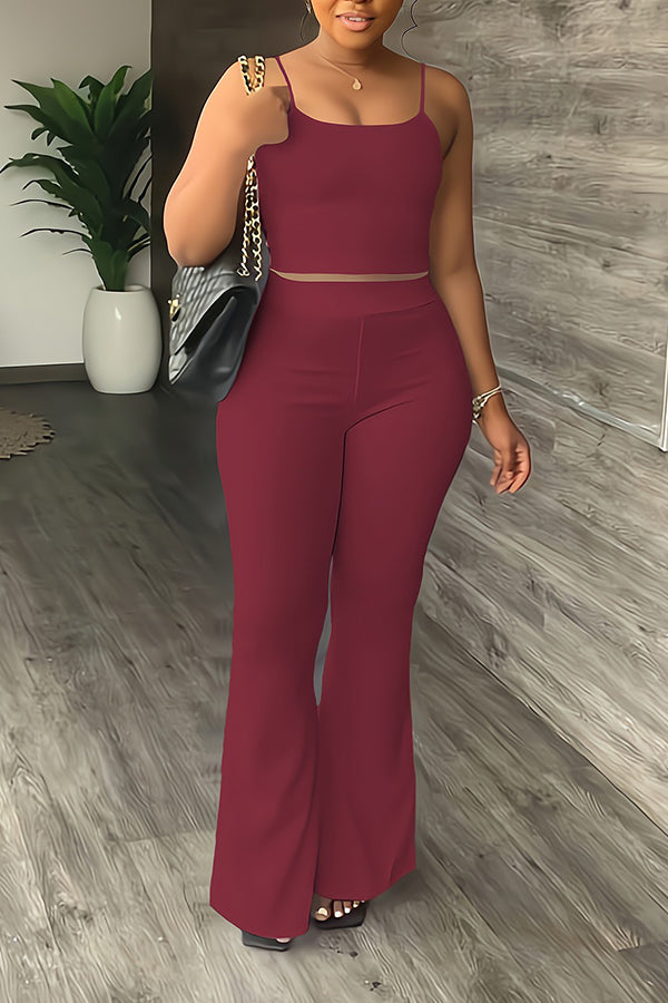 Casual Solid Sling Top & Flare Pants Set