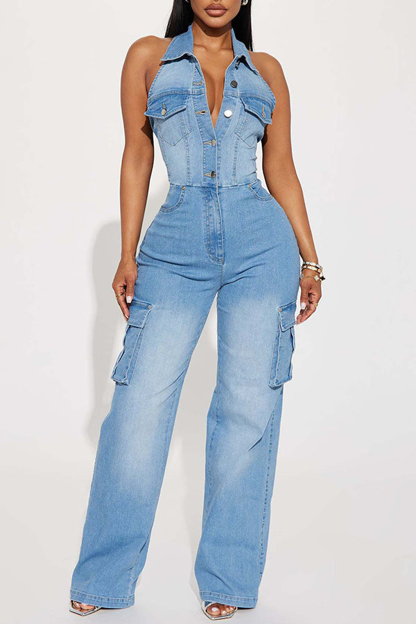 Stylish Denim Flap Pocket Jumpsuit