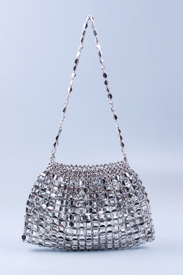 Stylish Gorgeous Beaded Woven Handbag Silver ONE-SIZE