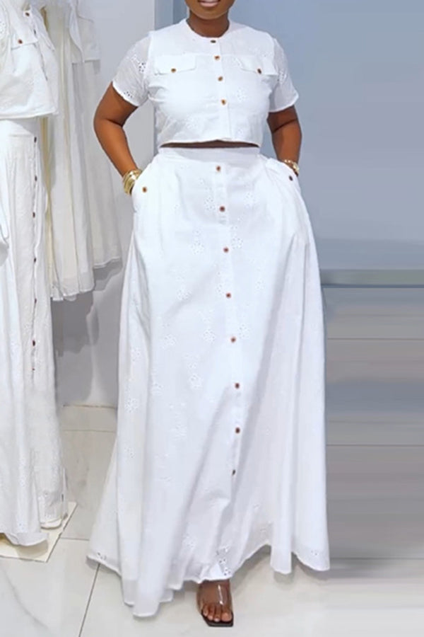 Casual Schiffy Solid Top & Skirt Set White