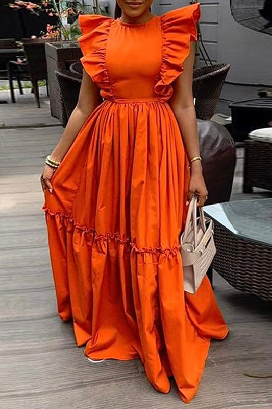 Gorgeous Flutter Sleeve Ruffle Hem Maxi Dress Orange