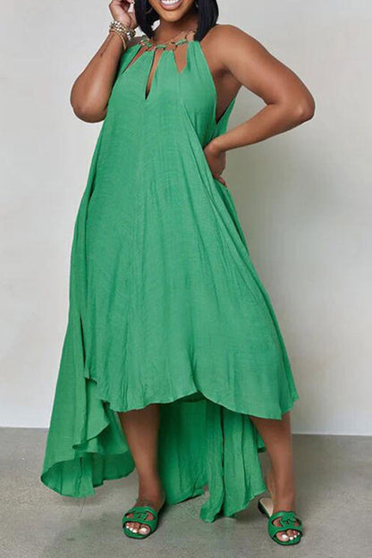 Casual Solid High Low Hem Midi Dress Green