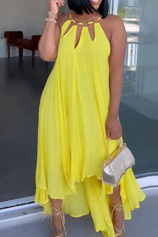 Casual Solid High Low Hem Midi Dress Yellow