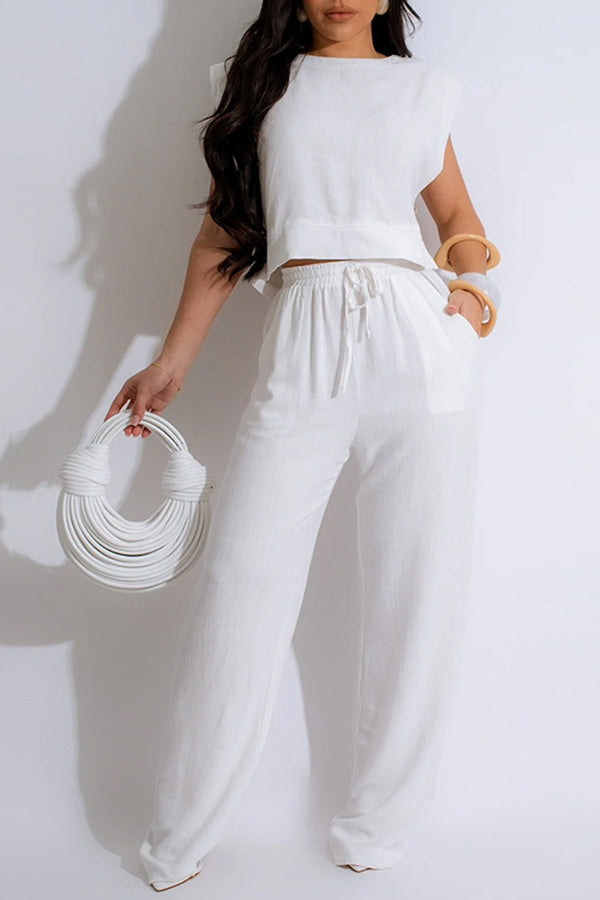 Navel-Baring Cotton Top & Pants Set White