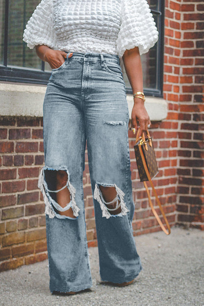 Stylish Distressed High Waisted Jeans Blue