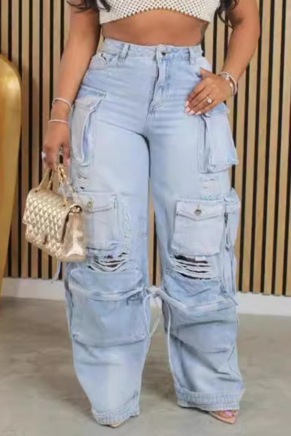 Casual Multi-Pocket Ripped Work Jeans Wathet blue