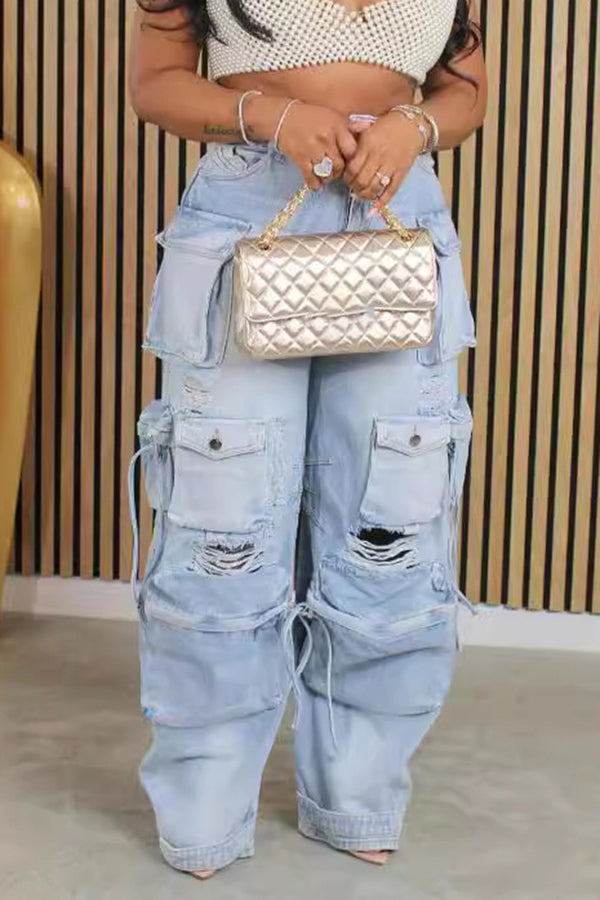 Casual Multi-Pocket Ripped Work Jeans