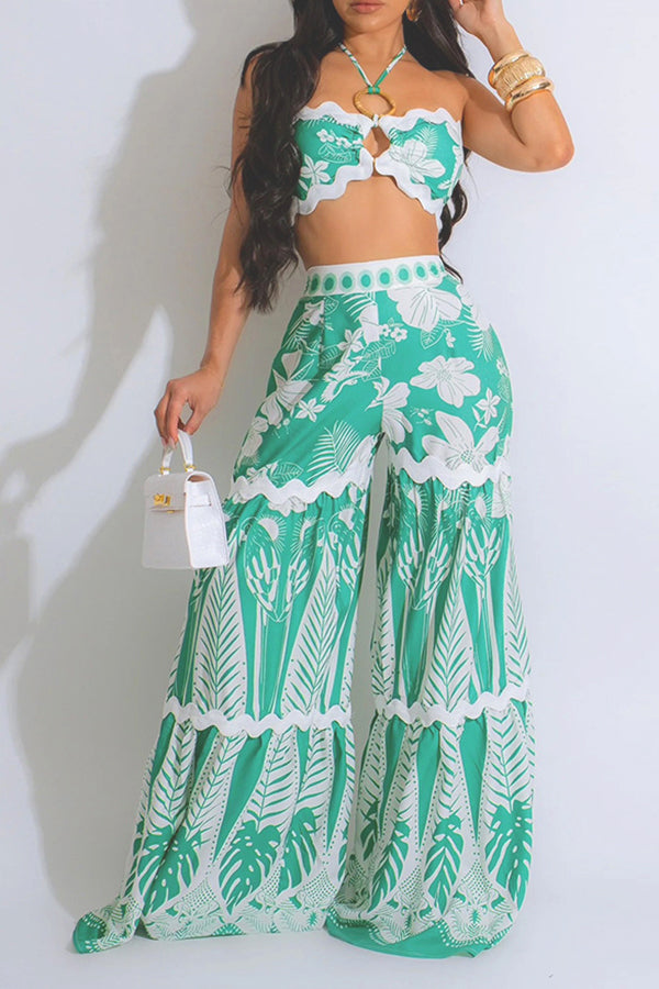 Resort Lace-Up Printed Tube Top & Wide-Leg Pants Set Green