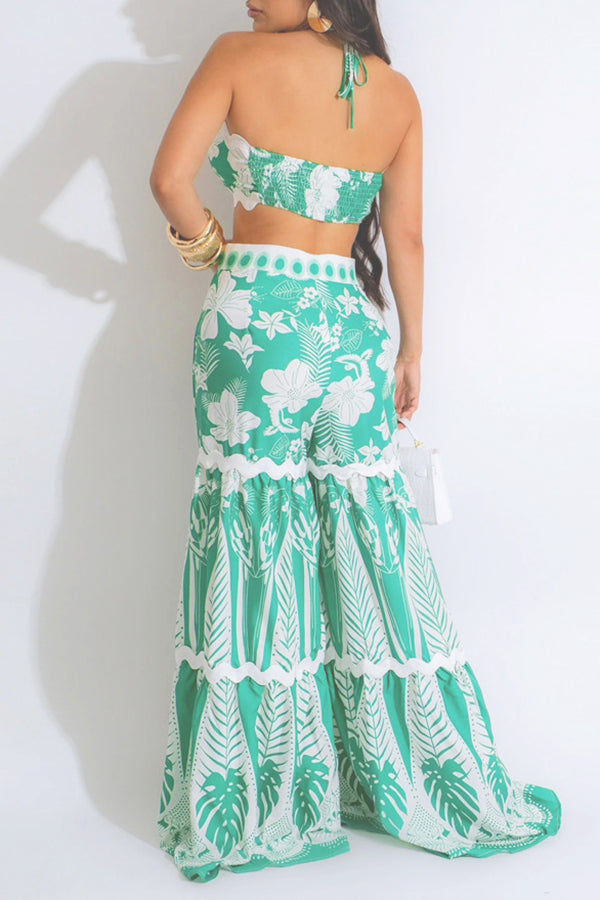 Resort Lace-Up Printed Tube Top & Wide-Leg Pants Set