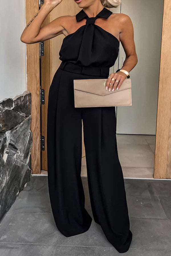 Elegant Halter Neck Solid Color Wide Leg Jumpsuit Black