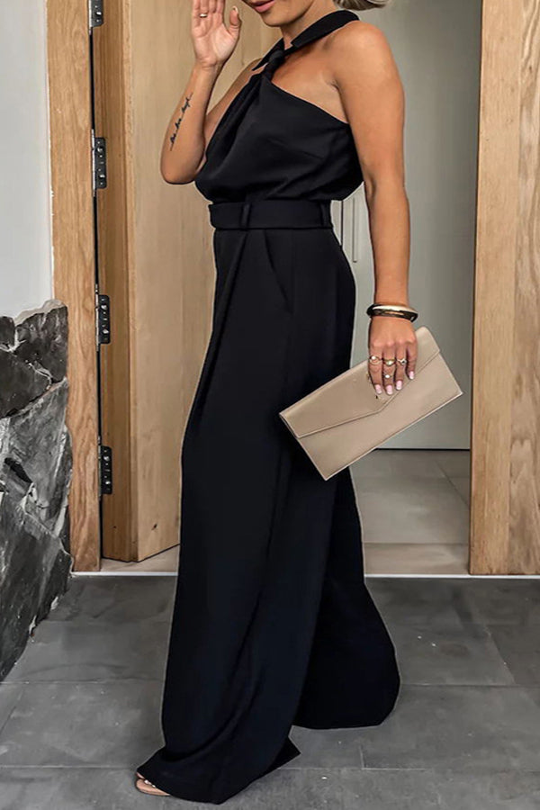 Elegant Halter Neck Solid Color Wide Leg Jumpsuit