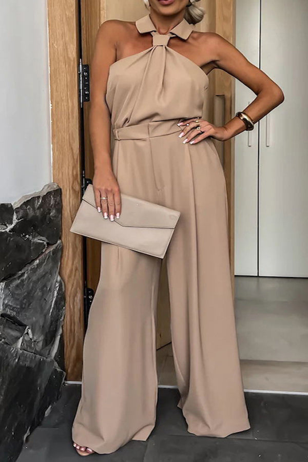 Elegant Halter Neck Solid Color Wide Leg Jumpsuit Camel