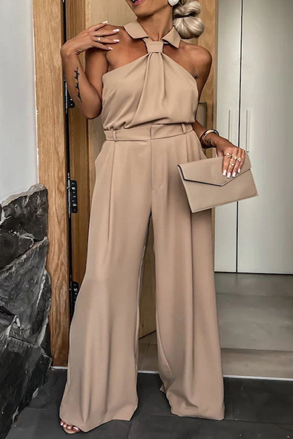 Elegant Halter Neck Solid Color Wide Leg Jumpsuit