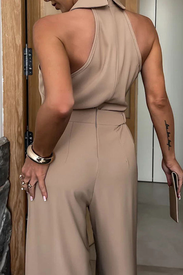 Elegant Halter Neck Solid Color Wide Leg Jumpsuit