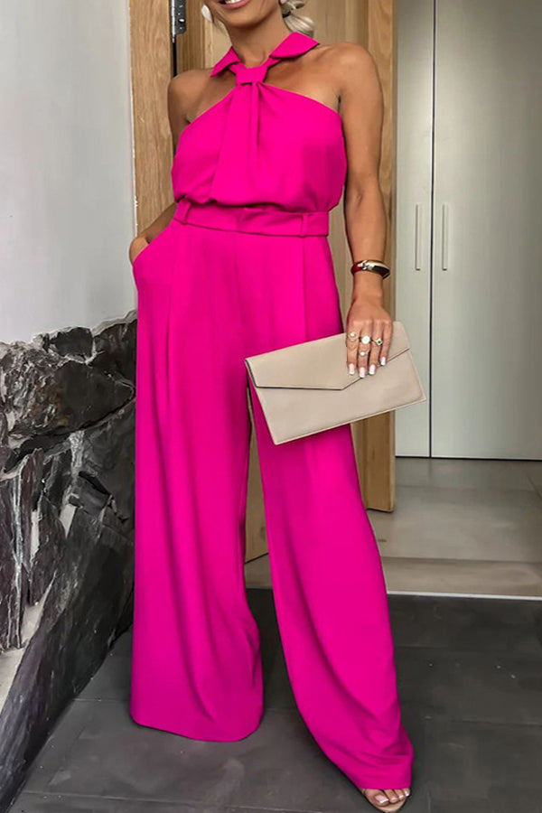 Elegant Halter Neck Solid Color Wide Leg Jumpsuit Rose Red