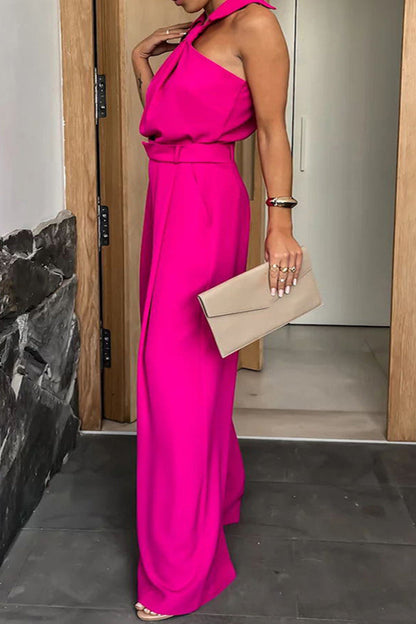 Elegant Halter Neck Solid Color Wide Leg Jumpsuit