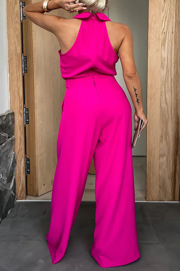 Elegant Halter Neck Solid Color Wide Leg Jumpsuit