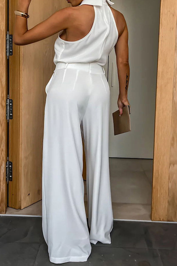 Elegant Halter Neck Solid Color Wide Leg Jumpsuit