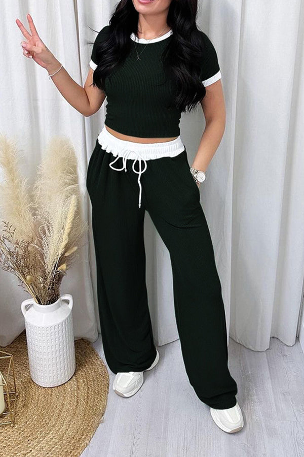 Contrasting Short-Sleeved Top & Drawstring Pants Set Black