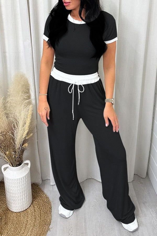 Contrasting Short-Sleeved Top & Drawstring Pants Set