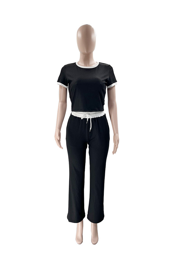 Contrasting Short-Sleeved Top & Drawstring Pants Set