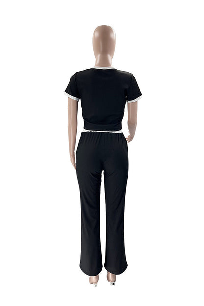 Contrasting Short-Sleeved Top & Drawstring Pants Set