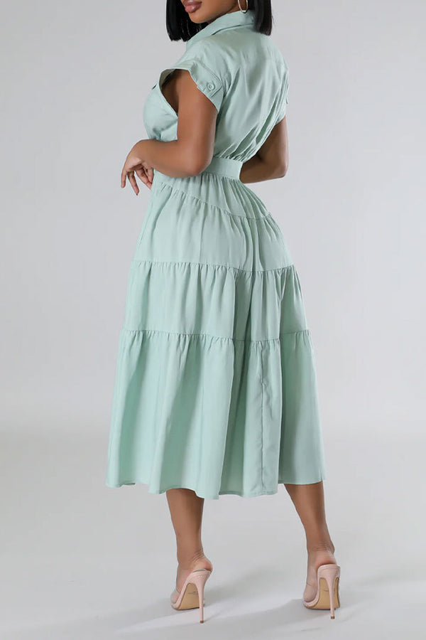 Casual Short-Sleeved Lapel Tiered Pleated Dress