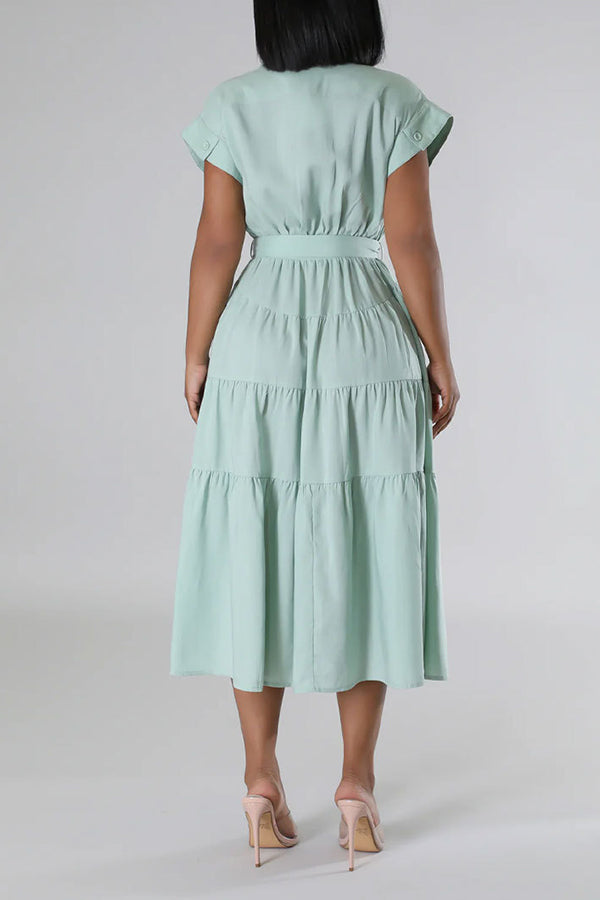 Casual Short-Sleeved Lapel Tiered Pleated Dress