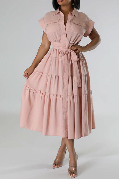 Casual Short-Sleeved Lapel Tiered Pleated Dress