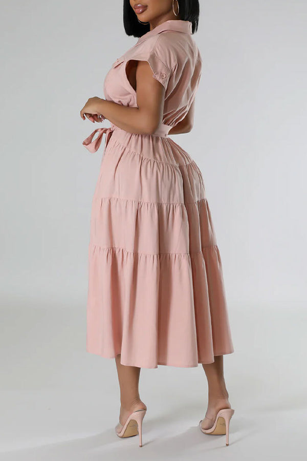 Casual Short-Sleeved Lapel Tiered Pleated Dress