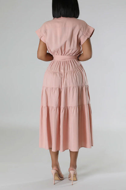 Casual Short-Sleeved Lapel Tiered Pleated Dress