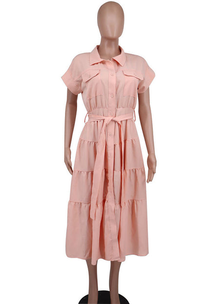 Casual Short-Sleeved Lapel Tiered Pleated Dress