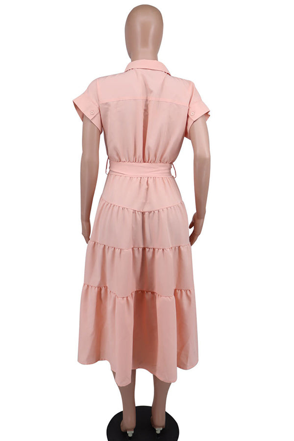 Casual Short-Sleeved Lapel Tiered Pleated Dress