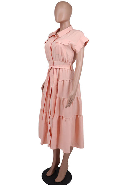 Casual Short-Sleeved Lapel Tiered Pleated Dress