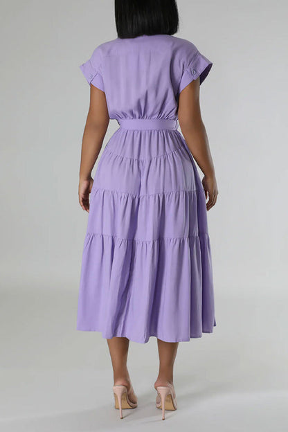 Casual Short-Sleeved Lapel Tiered Pleated Dress